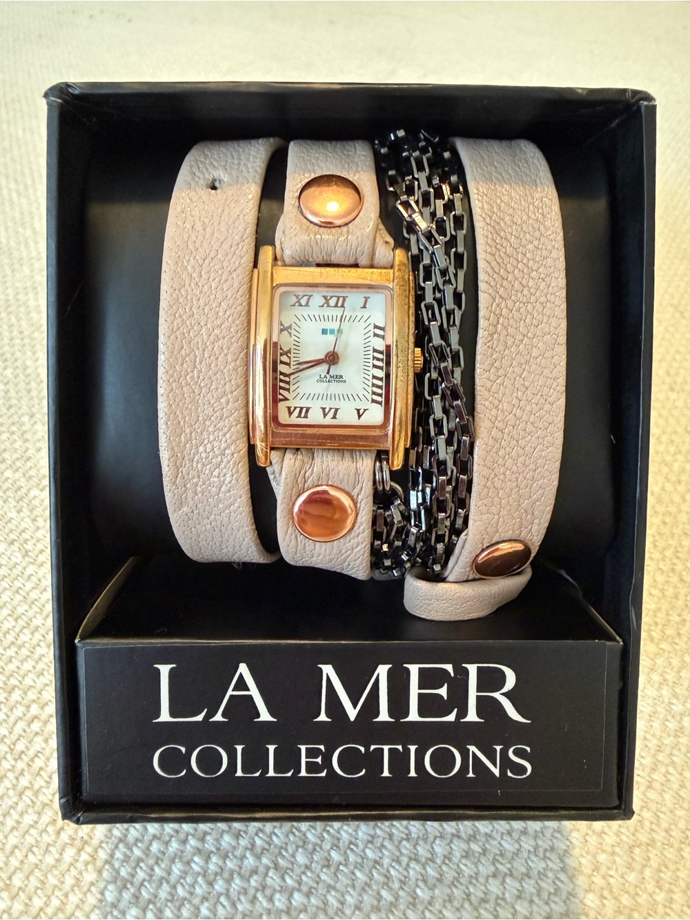 La Mer Beige Leather Wrap Bracelet Watch with Rose Gold Accents and Black Chain